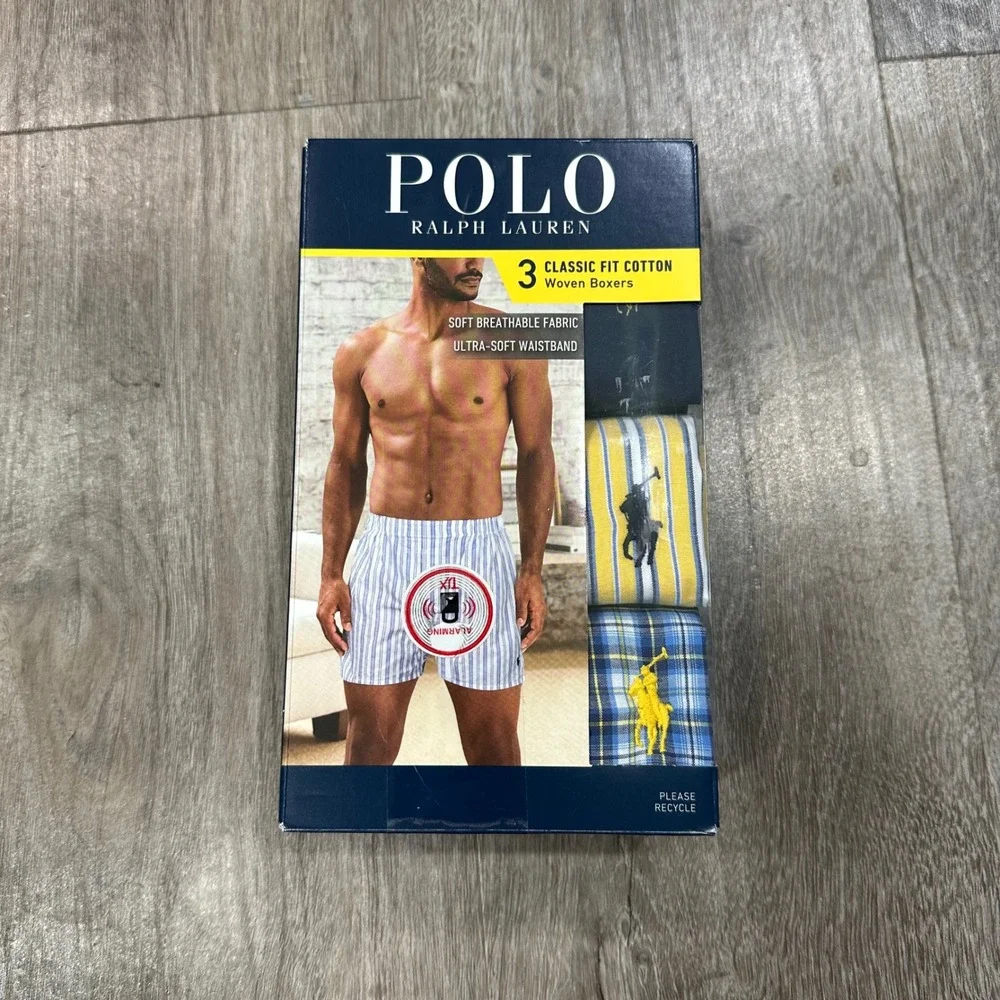 Polo Ralph Lauren Mens 3 Pack Classic Fit Cotton Woven Boxers Blue Yellow Large